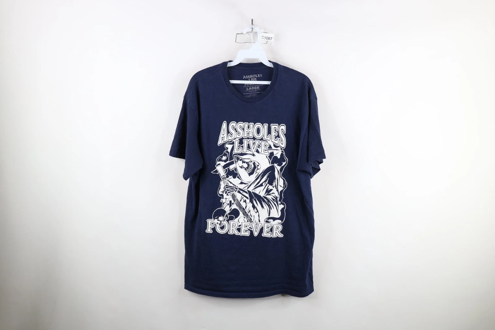 Streetwear Mens Large Faded A**holes Live Forever Grim Reaper T-Shirt Navy Blue