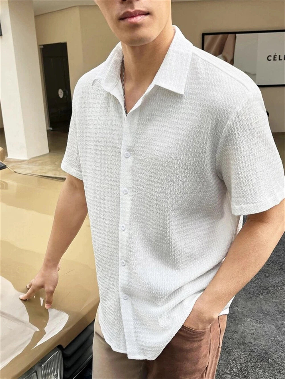 Men's Linen Shirt Casual Slim Shirts Short Sleeve Button Down Tops Blouse