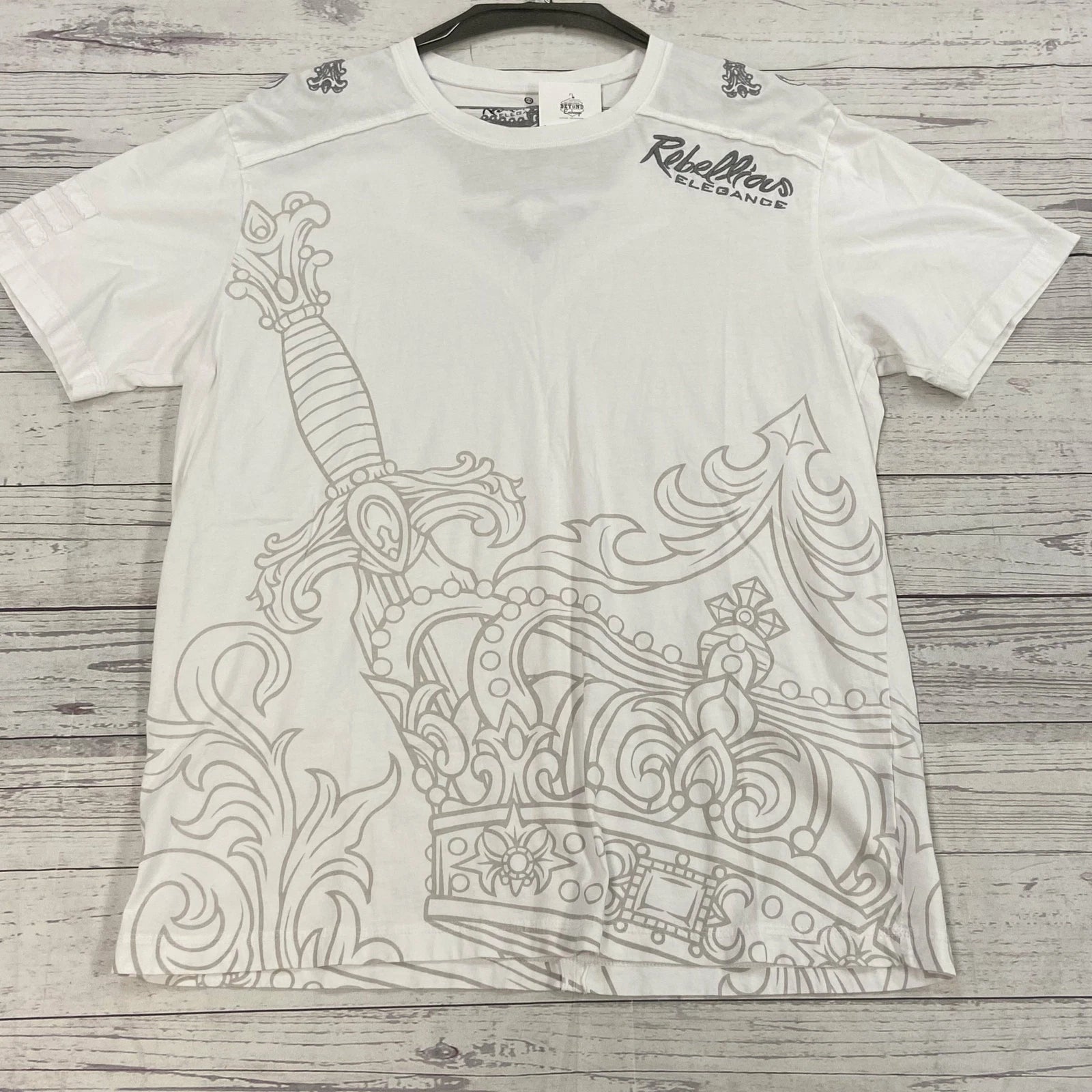 Rebellious White Embroidered Graphic T Shirt Men Size 2XL Fits Like Slim XL