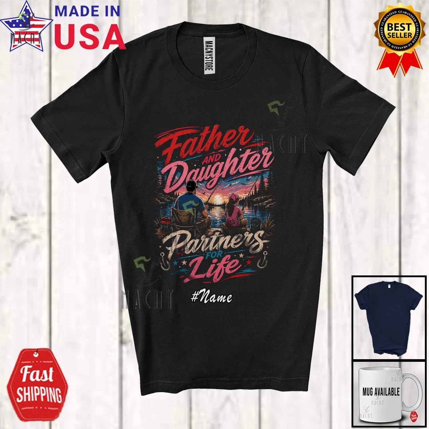 Custom Name Father And Daughter Partners; Father's Day Fishing Family T-Shirt