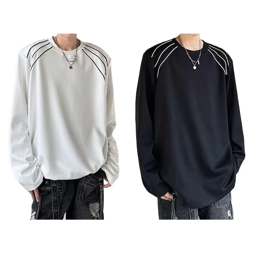 Mens Casual Long Sleeve Tee Stripe Patchwork Color Contrast Street Fashion