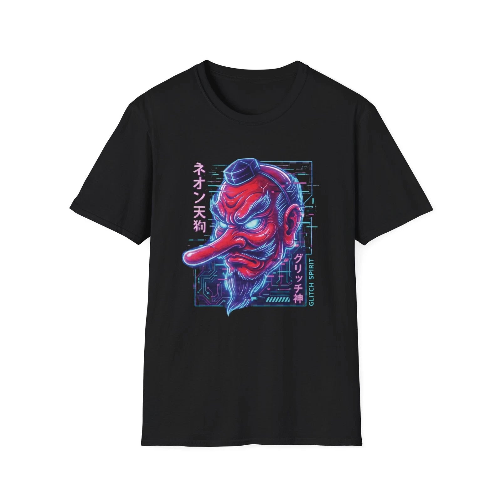 Neon Tengu Mens T-Shirt Cyberpunk Japanese Streetwear Yokai Demon Graphic Tee