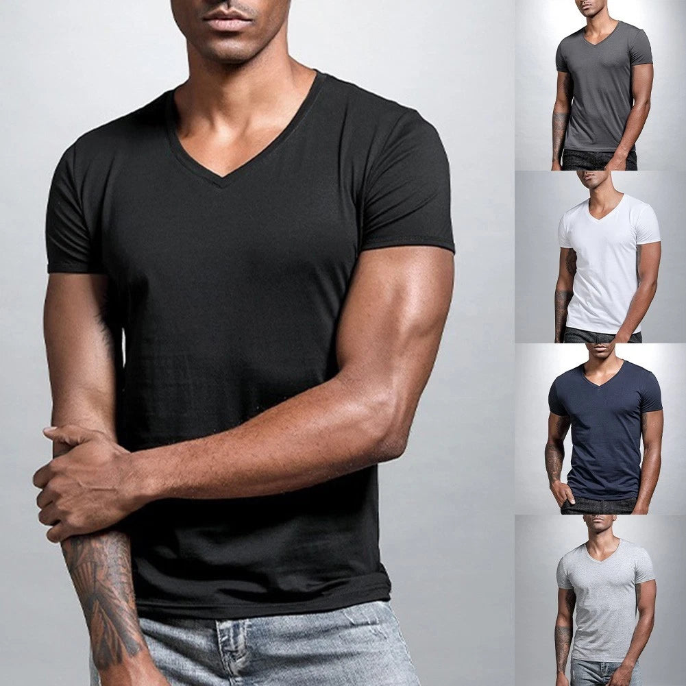 Men Solid Color V Neck Tight Fit T Shirt Short Sleeve Polyester Base Layer Top