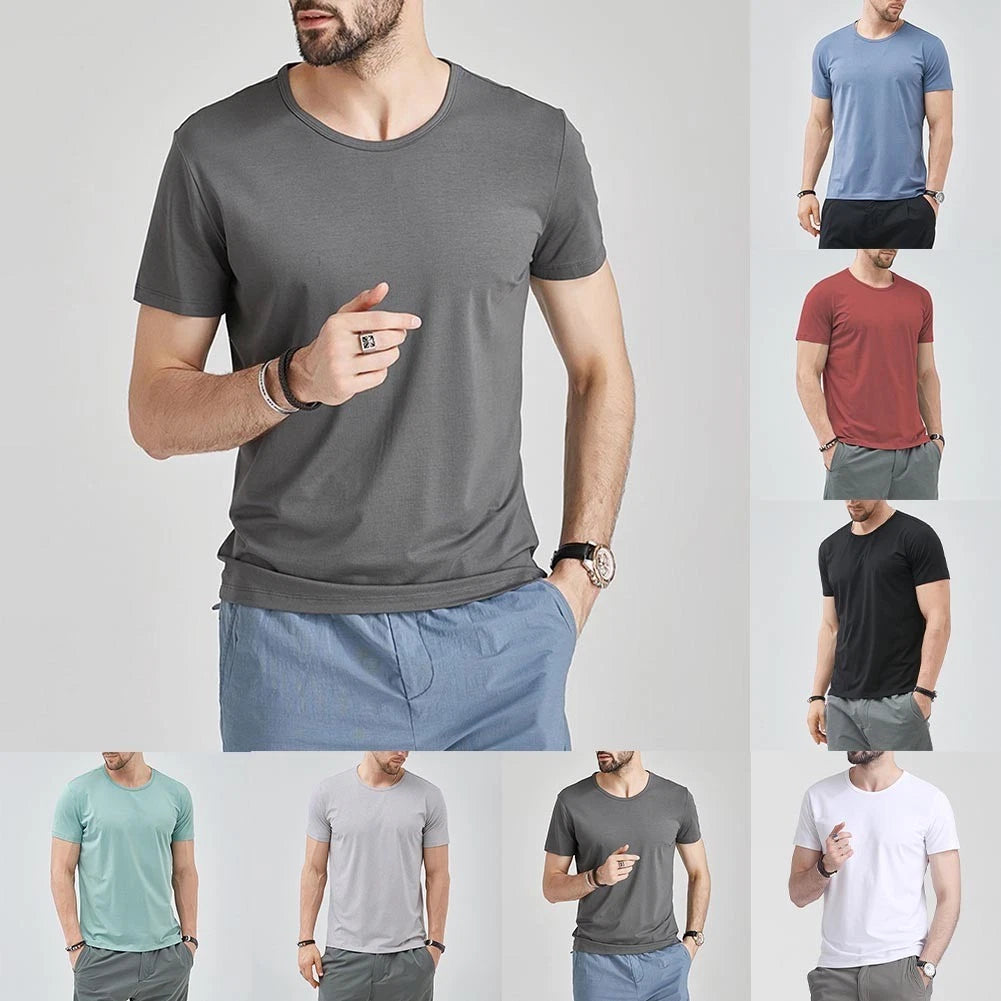 Men's Short Sleeve T-Shirt Solid Color O Neck Slim Fit Casual Top Dark Grey