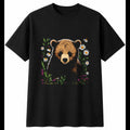 Botanical Bear Cub with Flowers Cute Mens T-Shirt Black 100% Cotton Kawaii