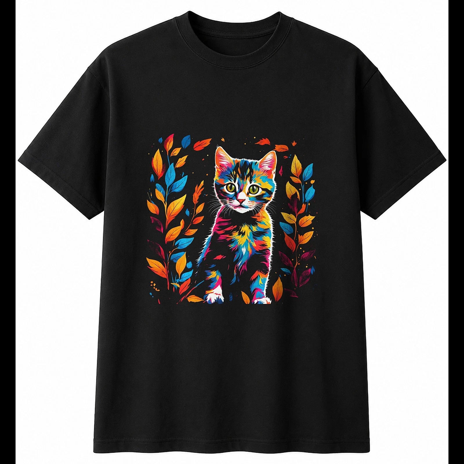 Psychedelic Kitten in Nature Cat Cute Mens T-Shirt Black 100% Cotton Present