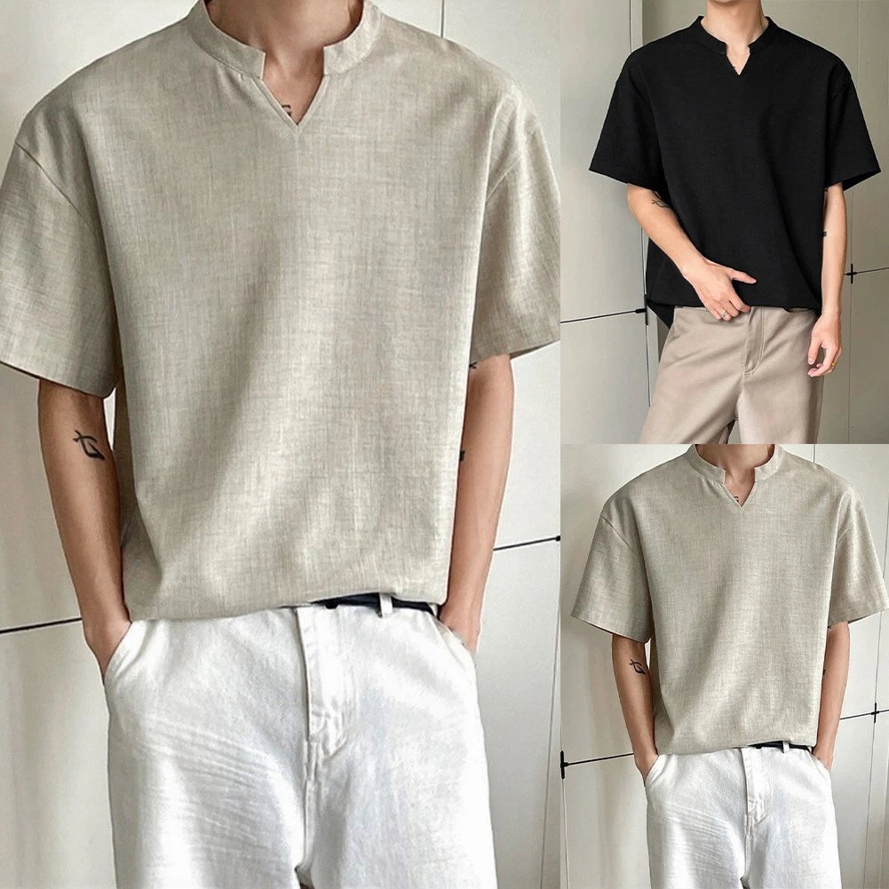Men Imitation Linen V Neck Short Sleeve T Shirt Loose Simple Summer Top