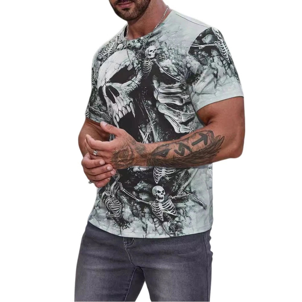 Men's Loose Fit Polyester T Shirt Printed Skull Design Breathable Fabric