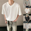 Men's Textured Pure Color T Shirt V Neck Short Sleeve Loose Casual Street Top