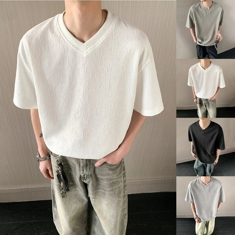 Men's Textured Pure Color T Shirt V Neck Short Sleeve Loose Casual Street Top