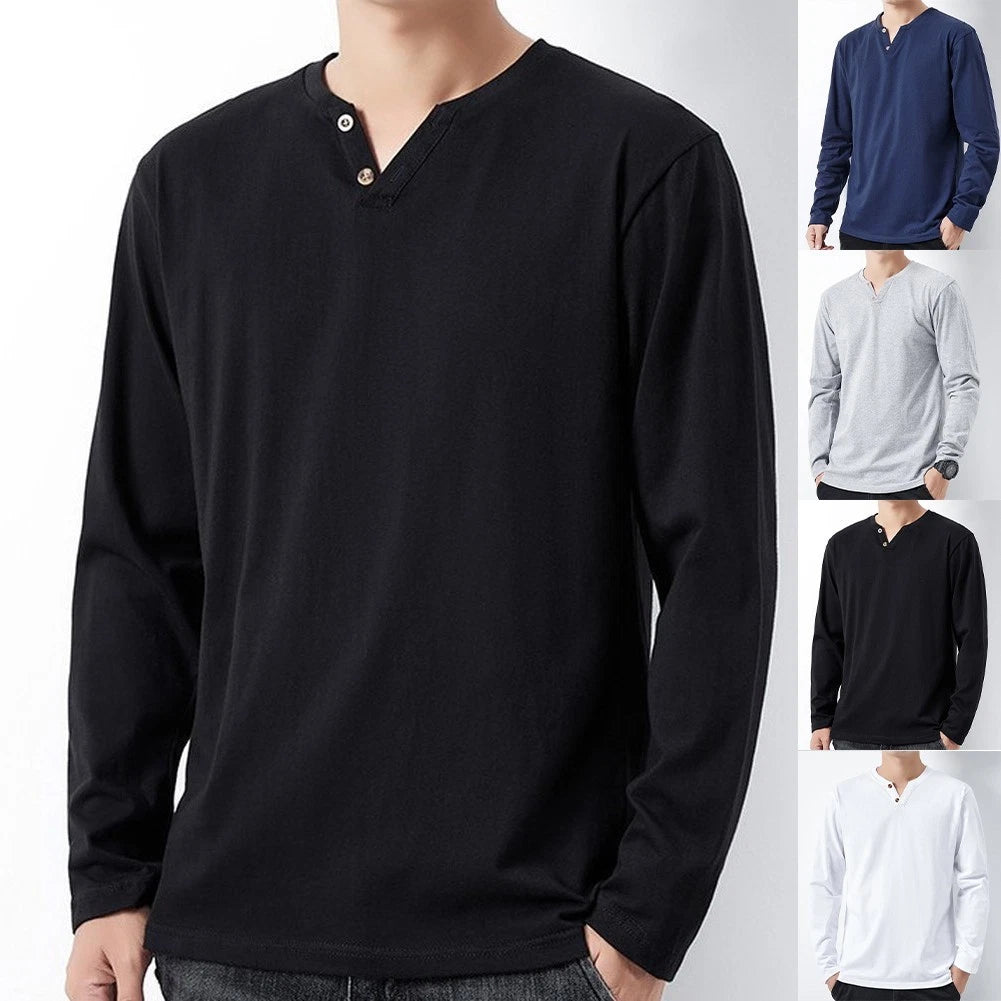 Men Long Sleeve V Neck T Shirt Solid Color Bottom Button Slim Loose Casual Top