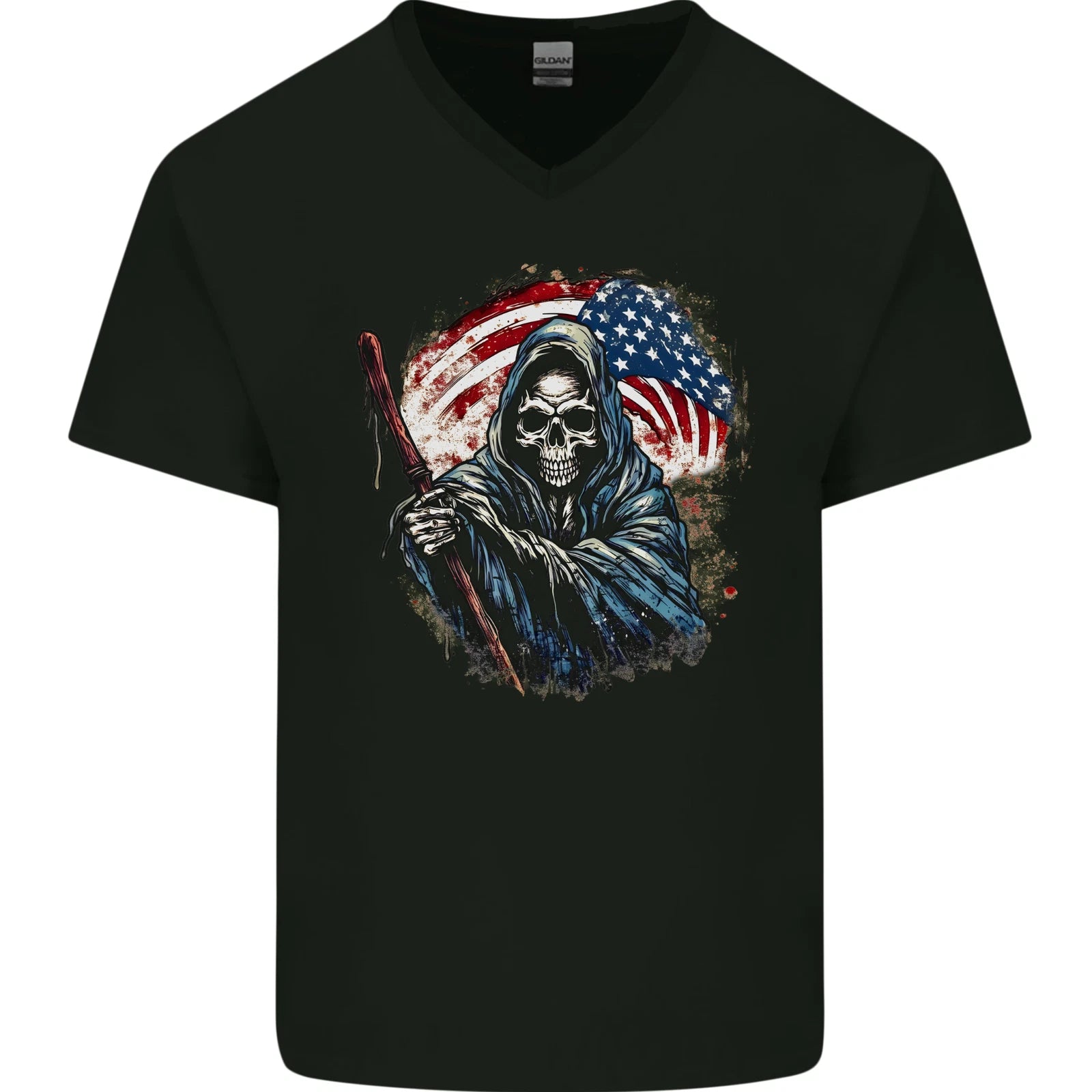 Grim Reaper USA Flag America Skull Mens V-Neck Cotton T-Shirt