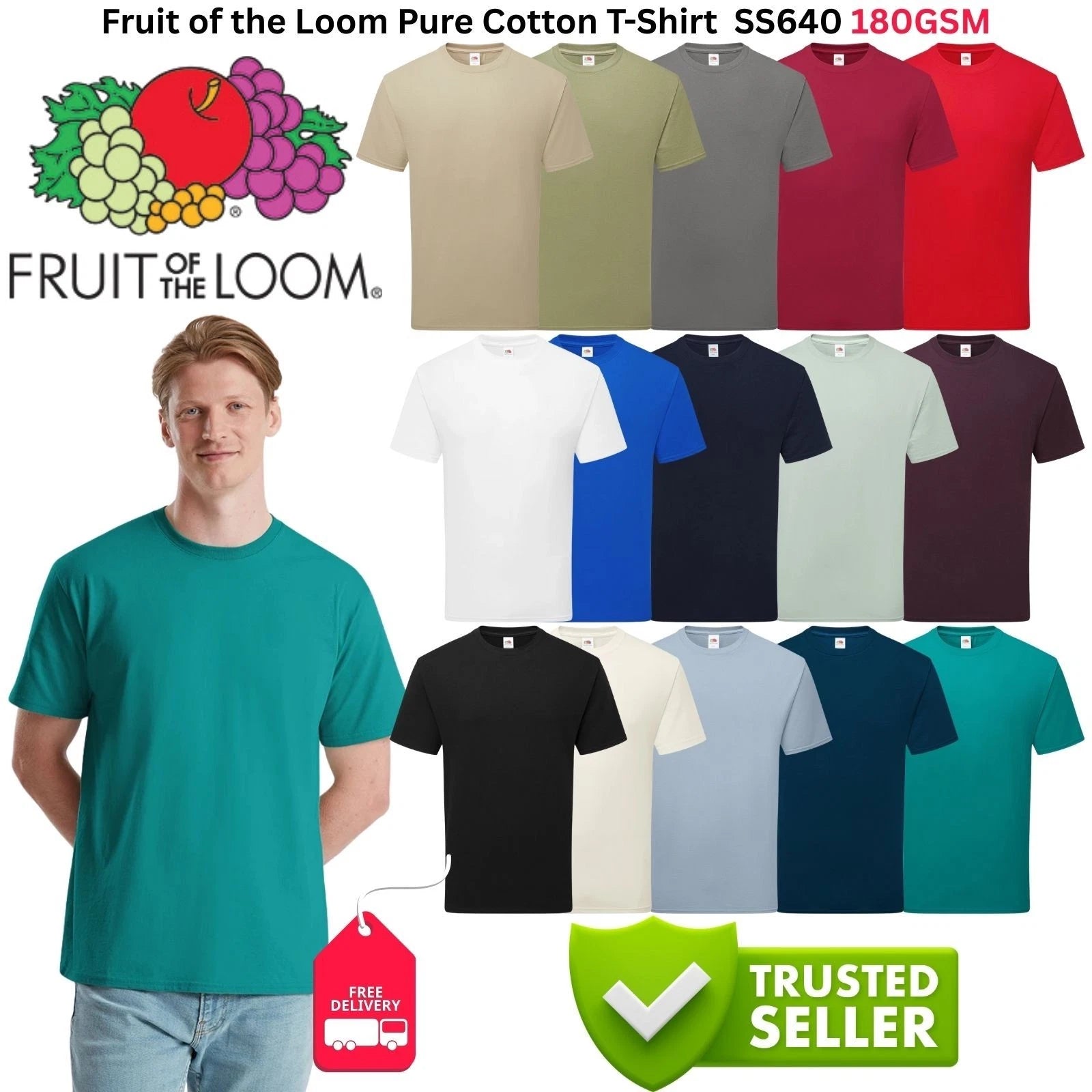 Fruit of the Loom SS640 Pure Cotton T-Shirt 180GSM Mens Classic Fit