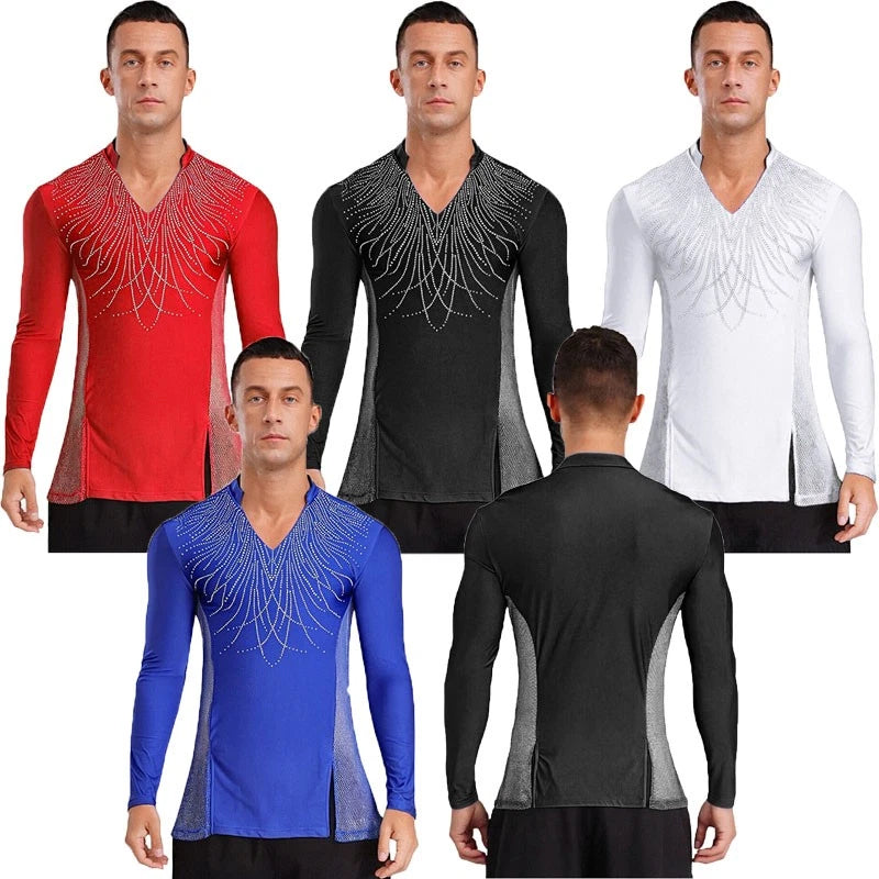 Freebily Men Latin Modern Ballroom Dance Tops Rhinestones Figure Skating AU