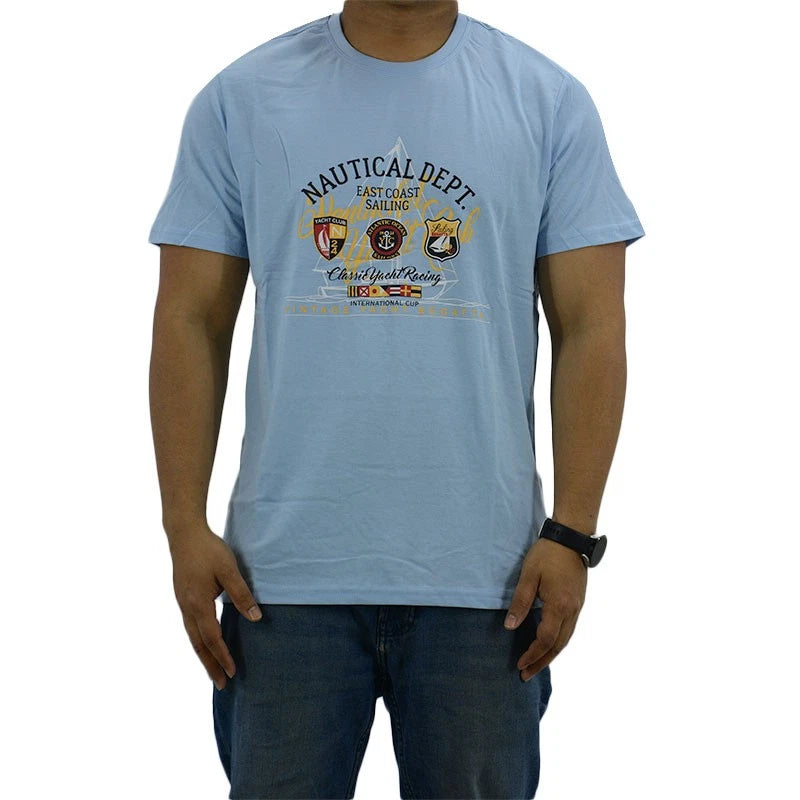 Mens Printed T Shirts Blue Regular Fit Crew Neck Beach Soft Cotton Tees S - 6XL