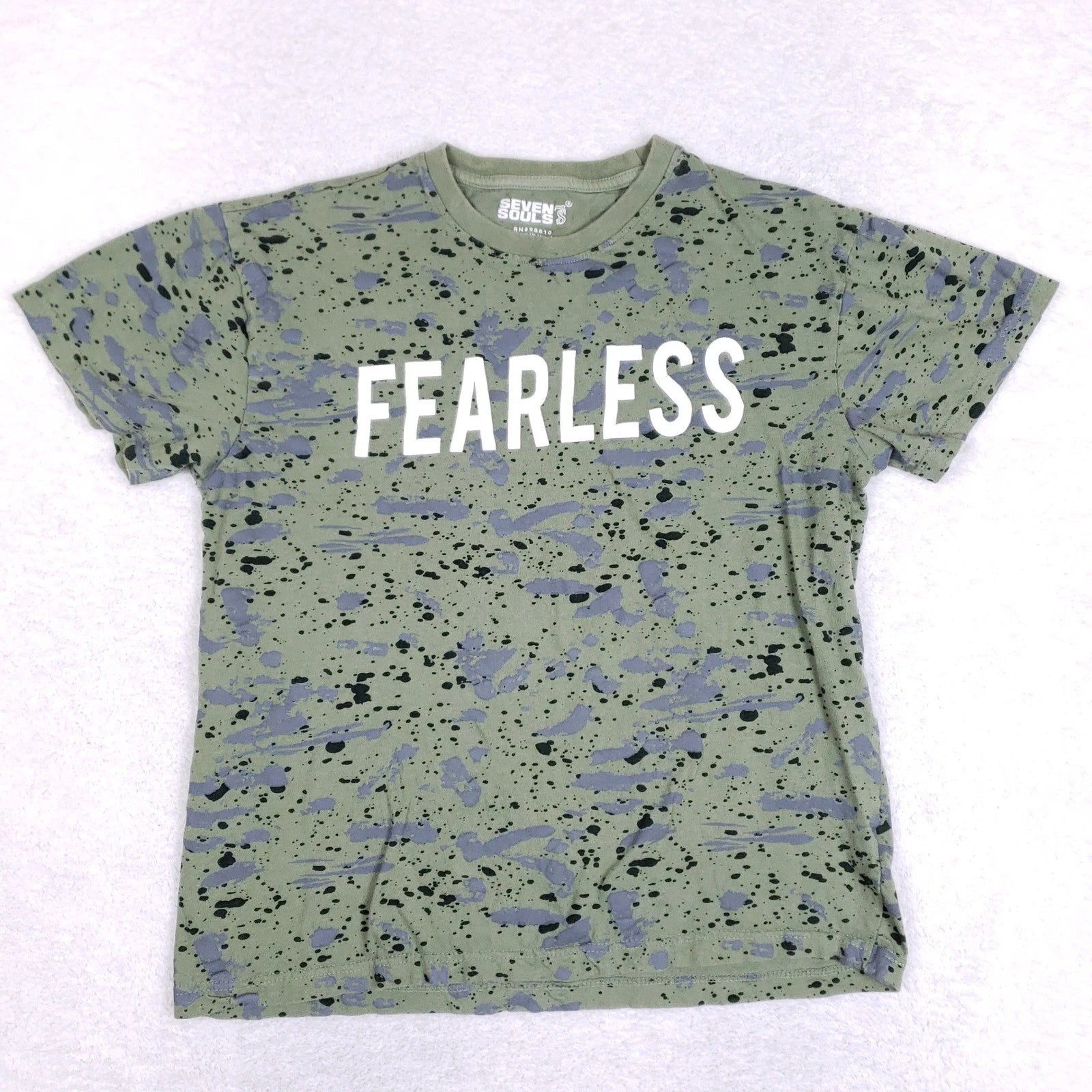 Seven Souls Mens Fearless Graphic Tee Olive Green Paint Splatter Shirt Sz M