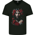 Jesus Christ With Roses Mens V-Neck Cotton T-Shirt