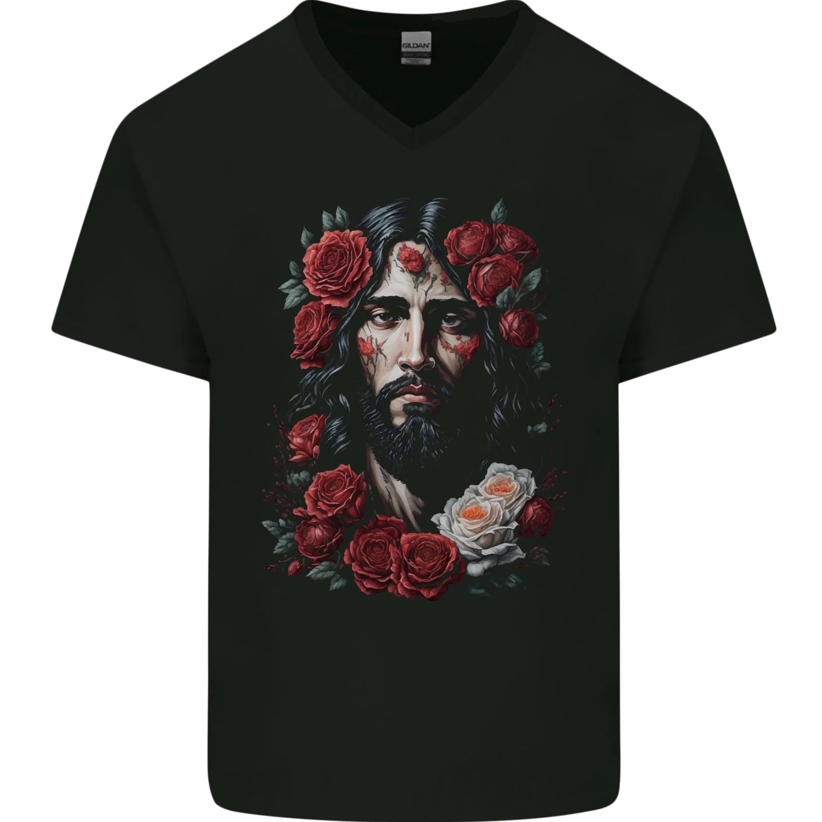 Jesus Christ With Roses Mens V-Neck Cotton T-Shirt