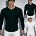 V Neck Long Sleeve Elastic Slim Fit T Shirt for Men Workout Streetwear Base