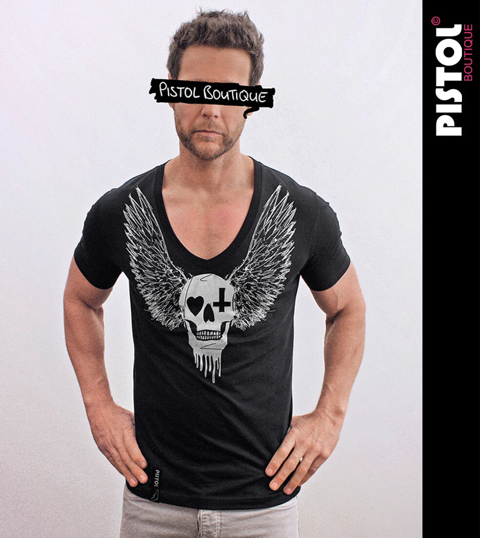 Pistol Boutique Men's Fitted Black Deep V Neck  SKULL HEART CROSS WINGS T-shirt