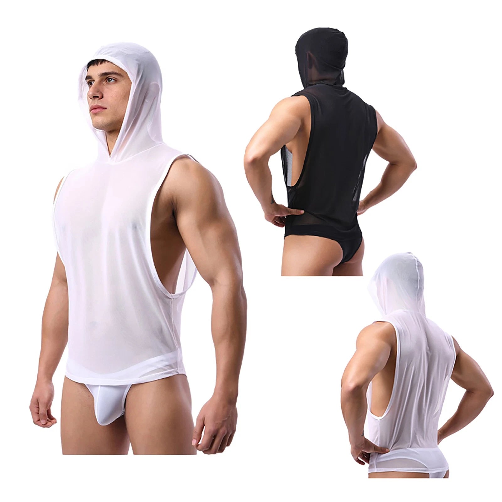 Men Sleeveless Hoodie Shirt Sheer Muscle Top Vest Workout Sports Bodybuilding