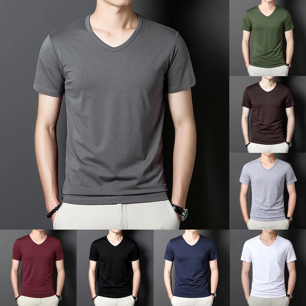 Men V Neck T-Shirt Casual Wear Layering V Neck Solid Color Regular Length