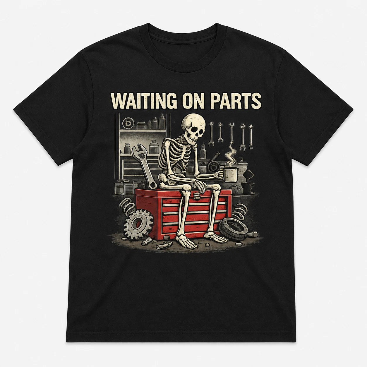 Waiting On Parts T Shirt Funny Mechanic Skeleton Garage Car Mens Tee Gift