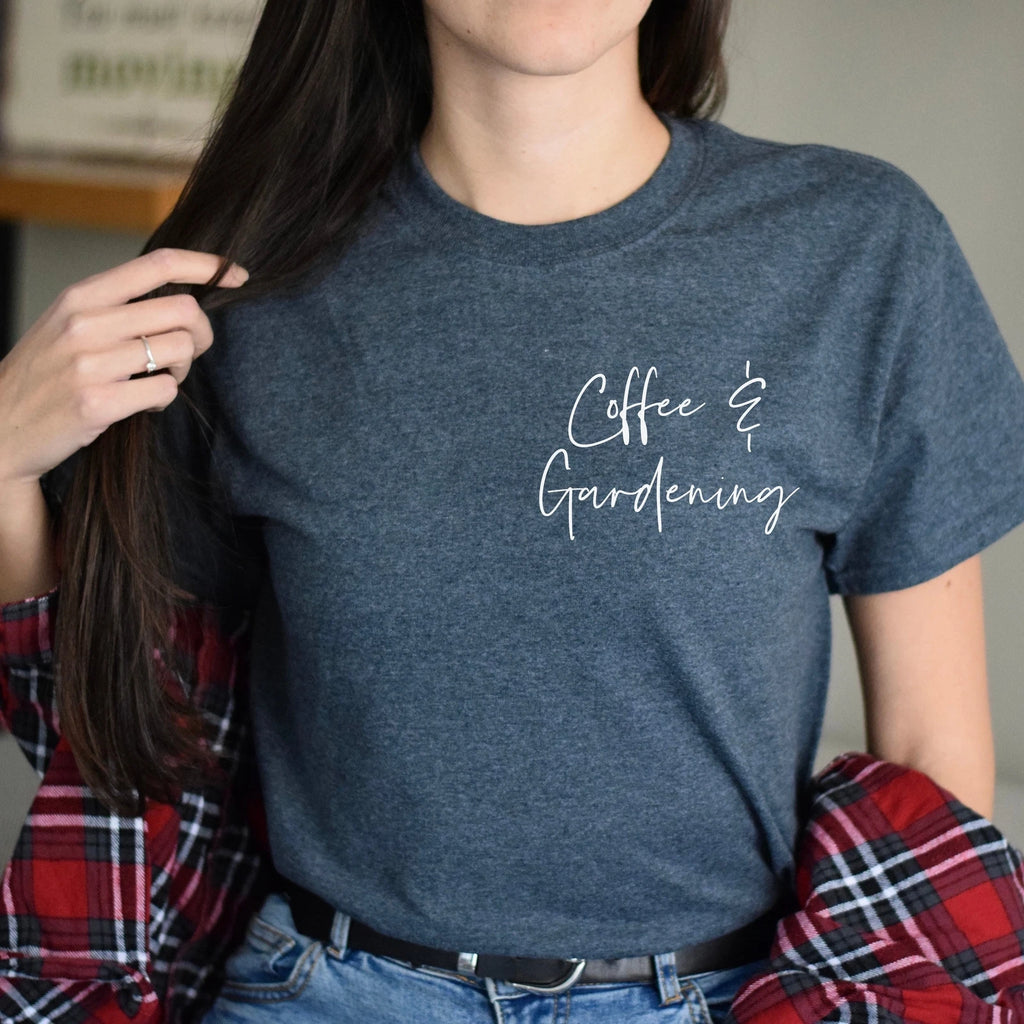 Coffee and gardening pocket Unisex T-shirt Gardener tee Black Navy Dark Heather