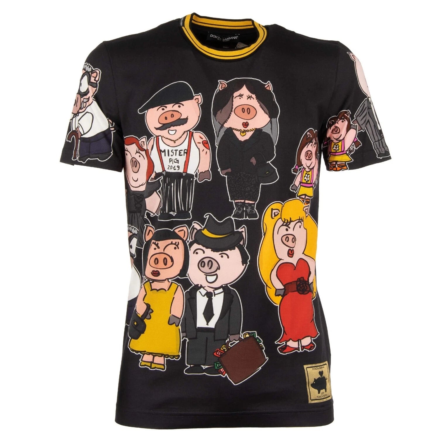 DOLCE & GABBANA Pigs Printed Cotton T-Shirt with Logo Sticker Black 11068