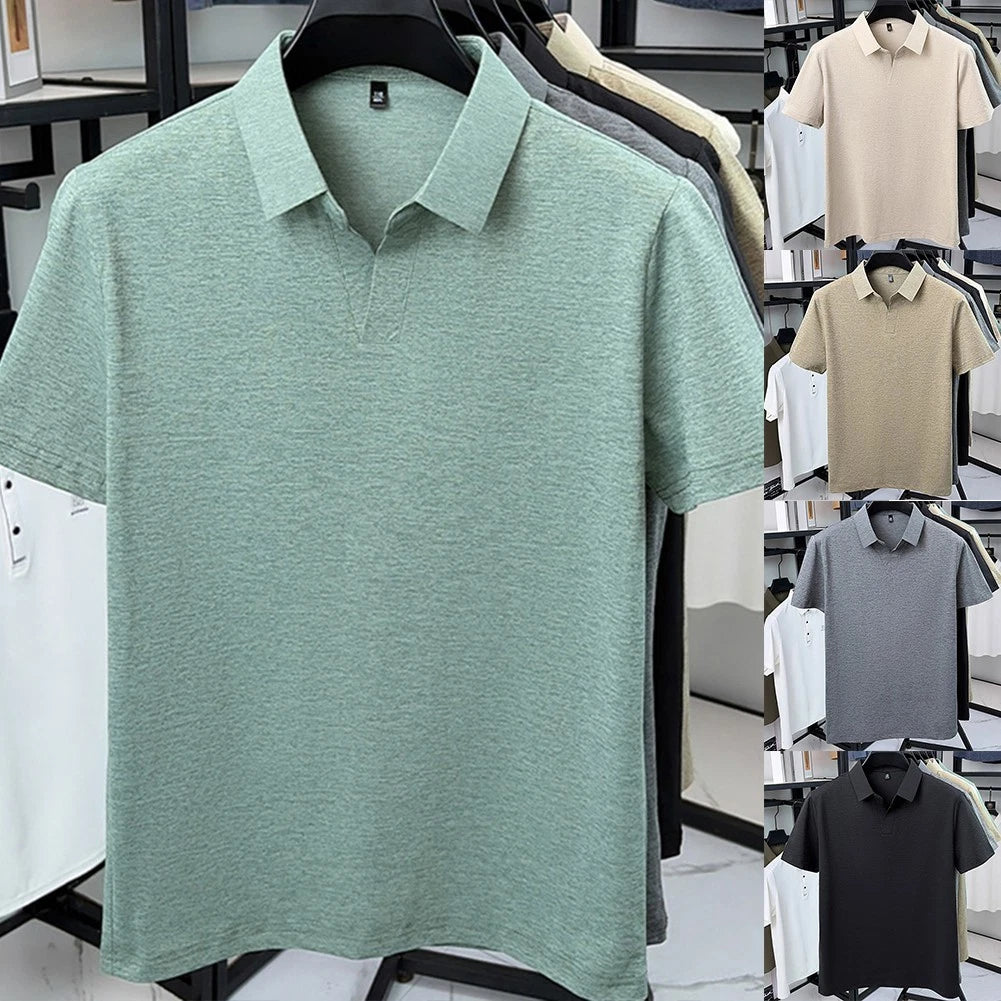 Short Sleeve V Neck Lapel T-Shirt for Men Breathable Business Casual Top