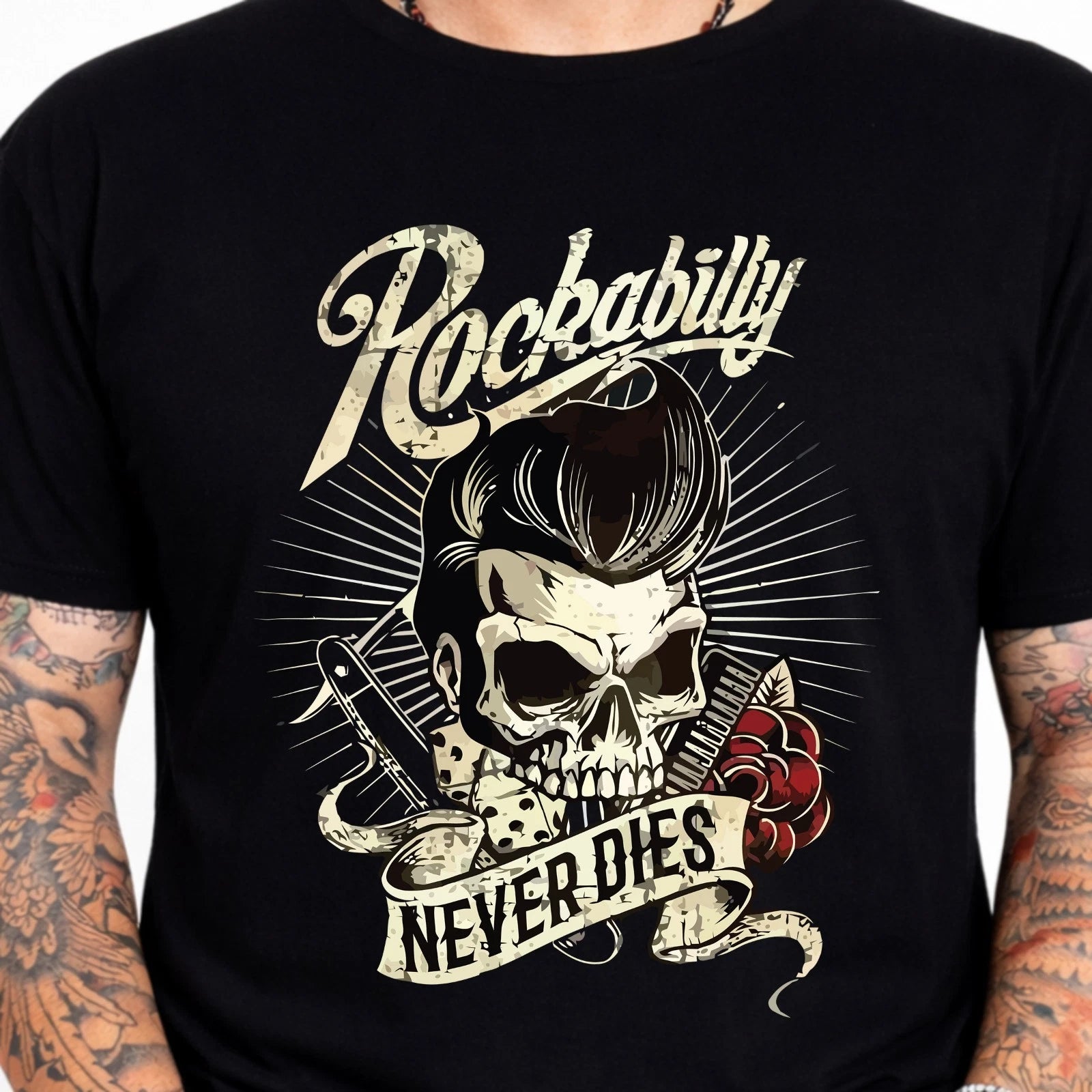 Rockabilly Never Dies Skull Rose Retro Vintage Rock Music Biker Graphic Tee.