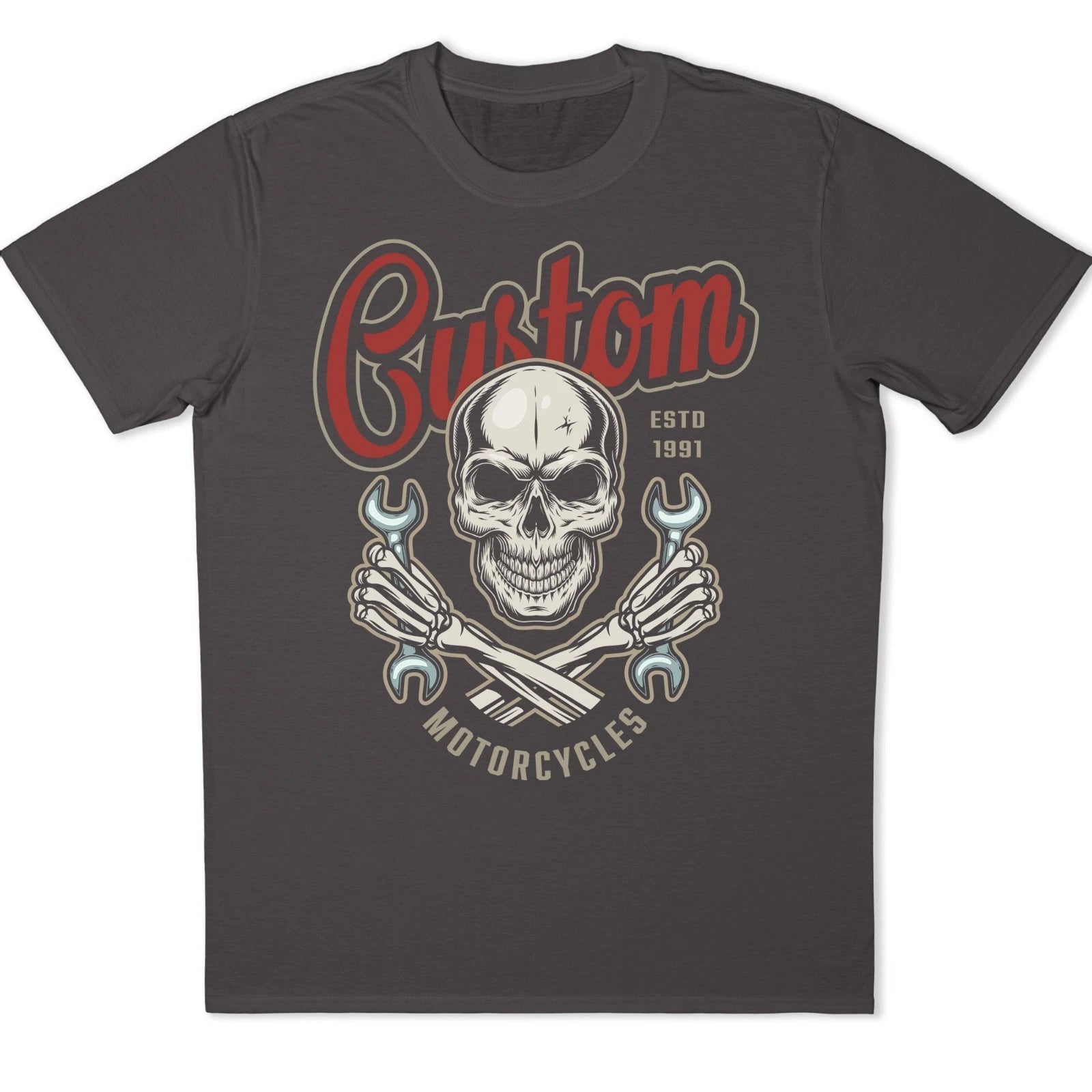Motorcycle Skull T-Shirt Biker Wrench Mechanic Vintage Custom Garage Graphic Tee