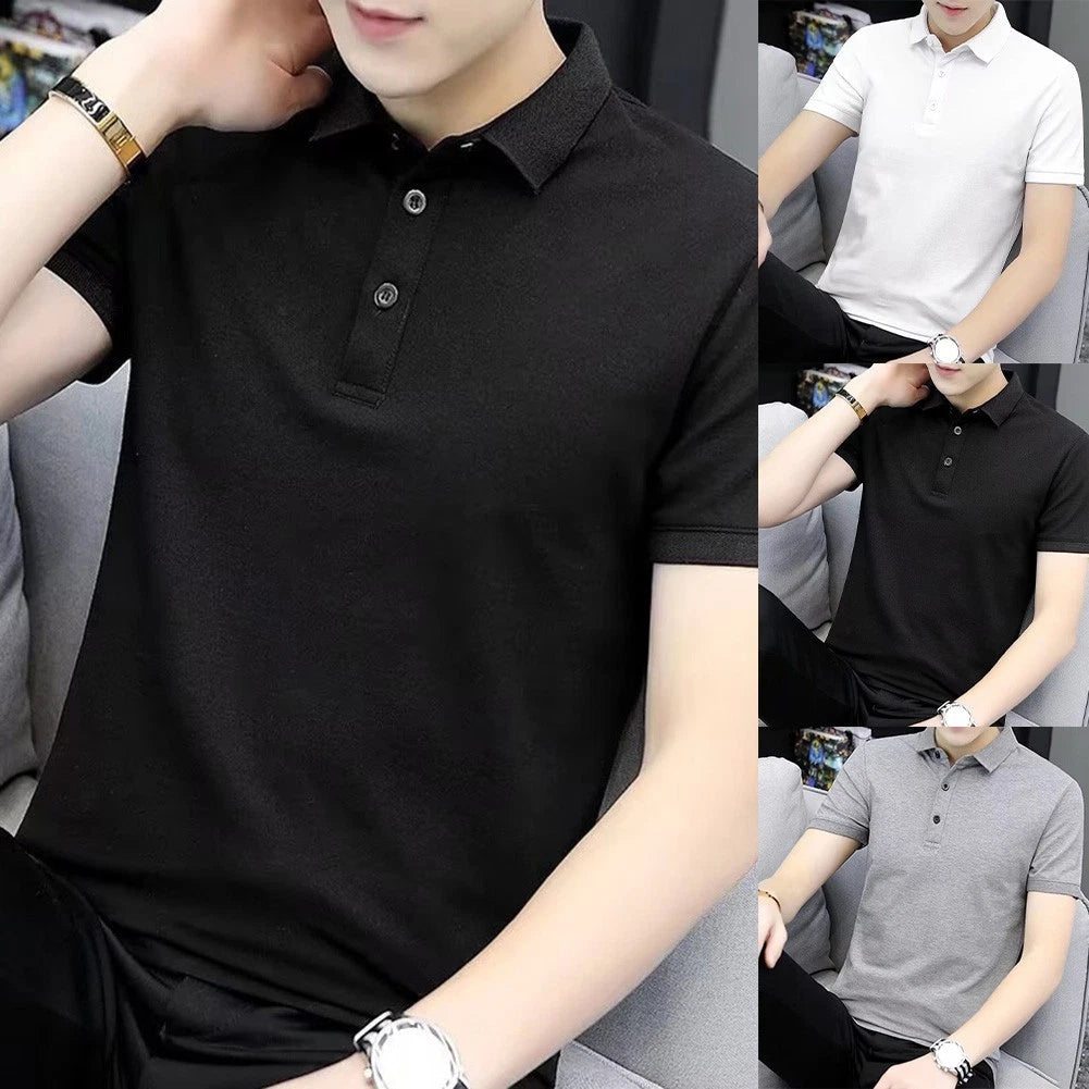 Short Sleeve Turn Down Collar T-Shirt for Men Korean Casual Streetwear Style