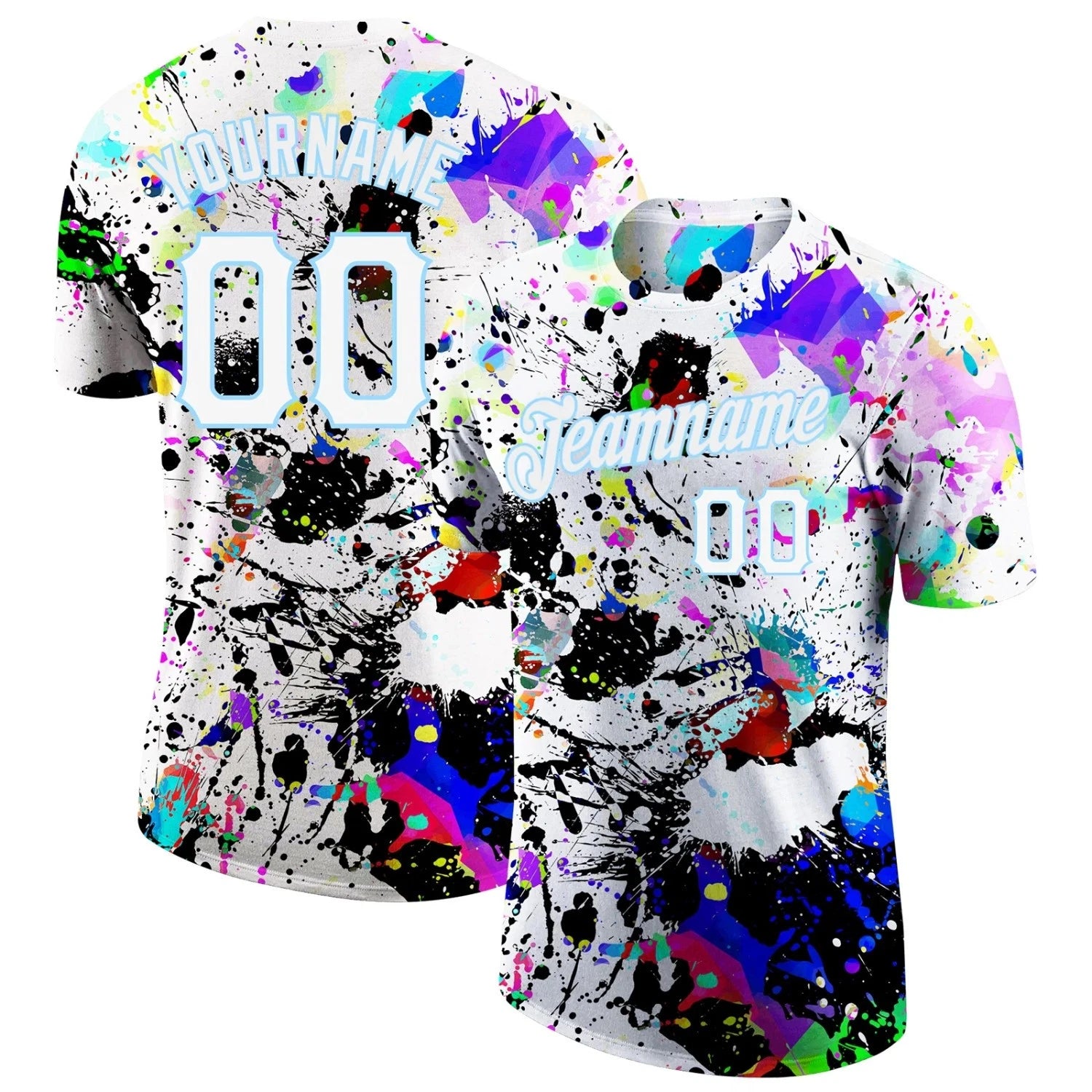 Custom Splashes Graffiti Pattern White-Light Blue 3D Performance T-Shirt1