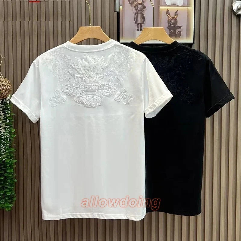 Men's Dragon Embroidery T-Shirt Casual Short Sleeve Cotton Hip Hop Tee Top