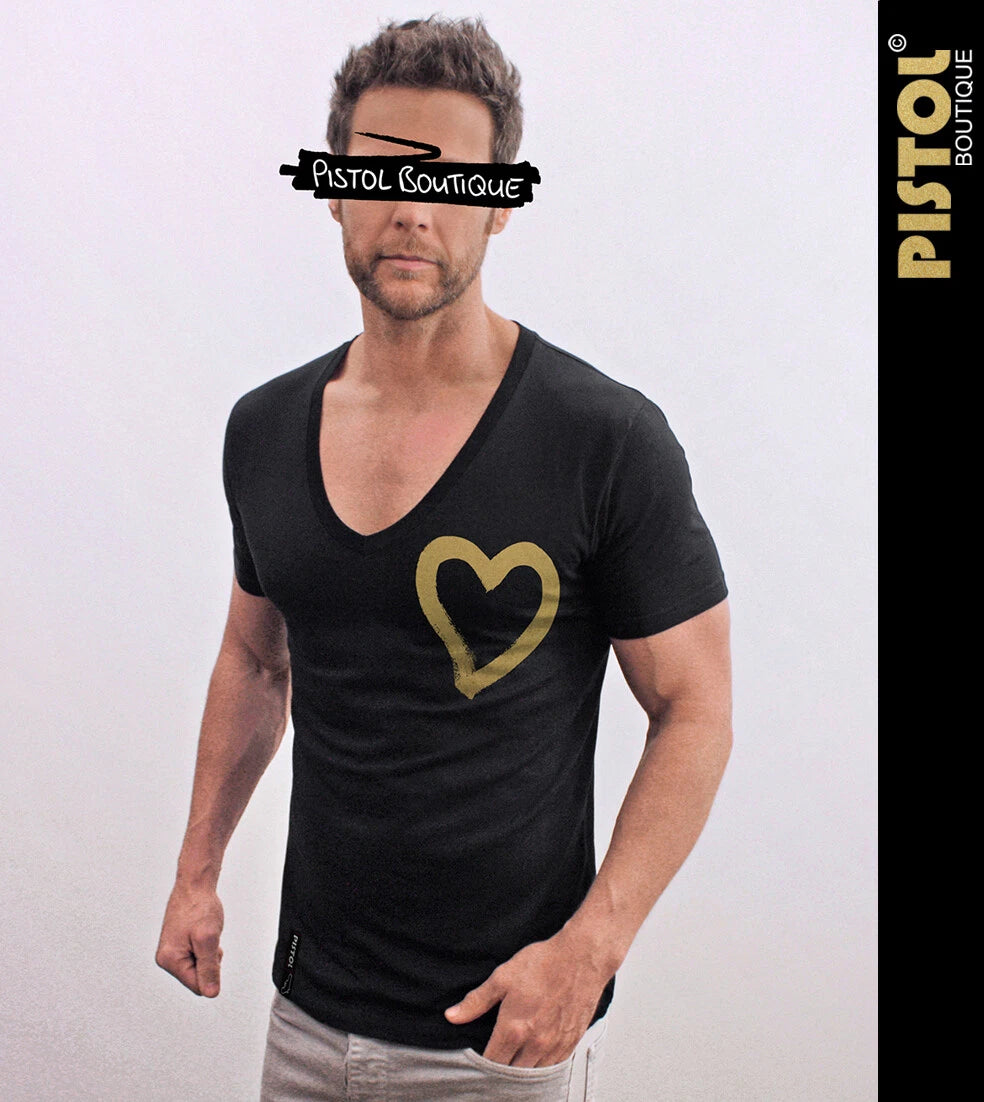 Pistol Boutique Men's Fitted Black Deep V neck GOLD CHEST PAINT HEART T-shirt
