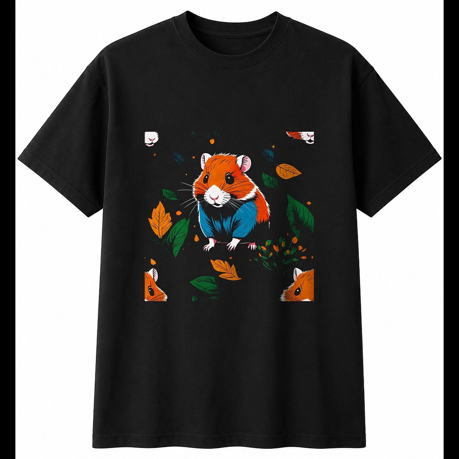 Graphic Hamster in Nature Cute Mens T-Shirt Black 100% Cotton Kawaii Unisex