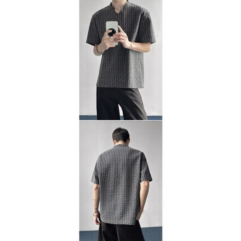 Men Casual V Neck T Shirt Fishbone Texture Striped Loose Fit Top Regular Length
