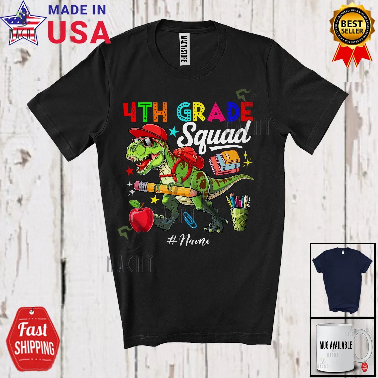 Custom Name 4th Grade Squad; First Day Of School Student Teacher T-Rex T-Shirt