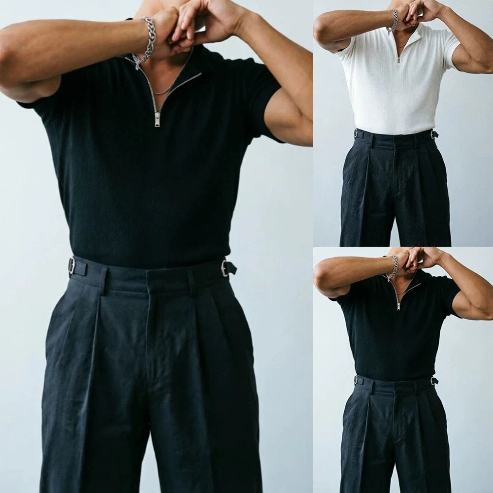 Men Short Sleeve Zip V Neck Athletic T-Shirt Stretch Polyester Spandex Blend