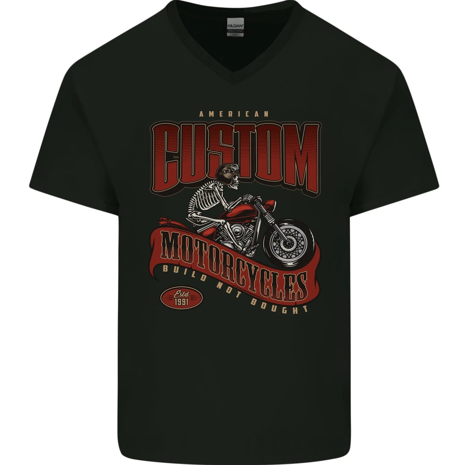 American Custom Motorcycles Biker Motorbike Mens V-Neck Cotton T-Shirt