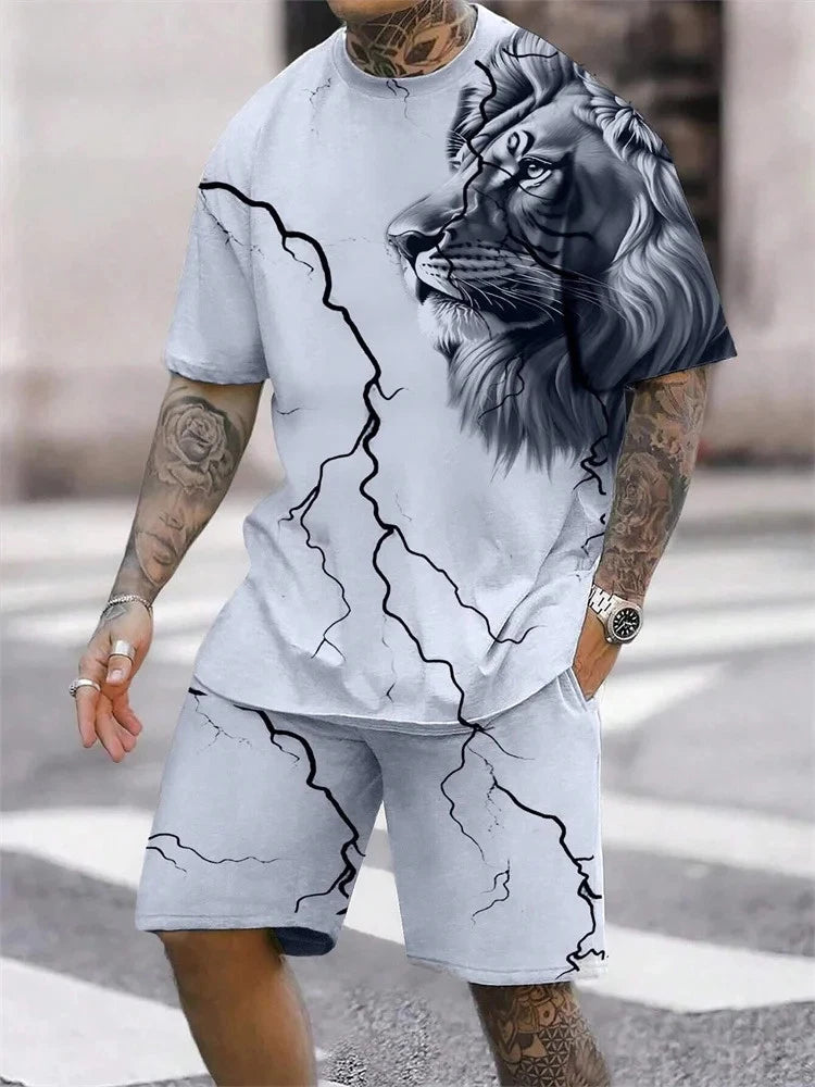 Mens 3D Lion Print T Shirt Shorts Set Casual Summer Sports Two Piece Outfit Top