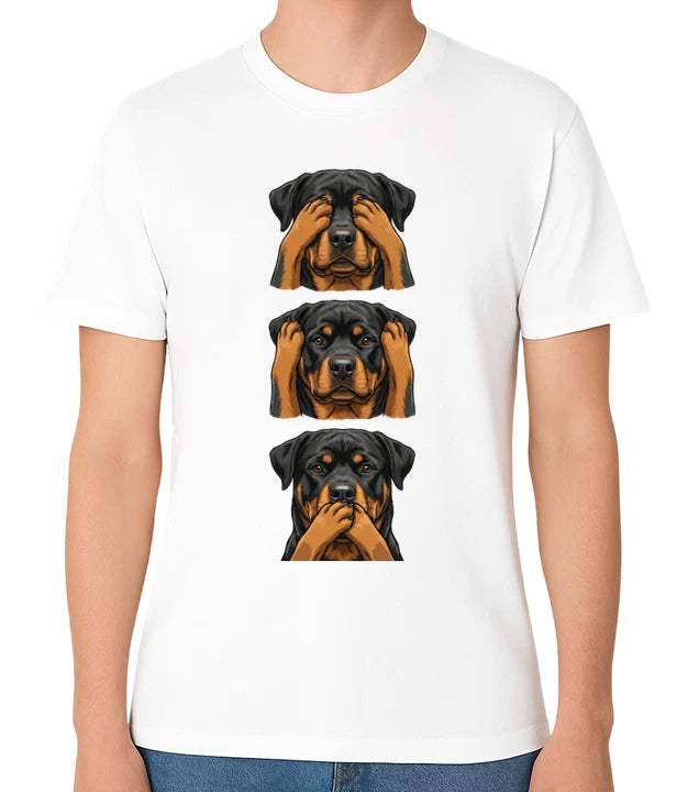 Rottweiler See Hear Speak No Evil Funny Graphic Unisex T-Shirt Dog Tee