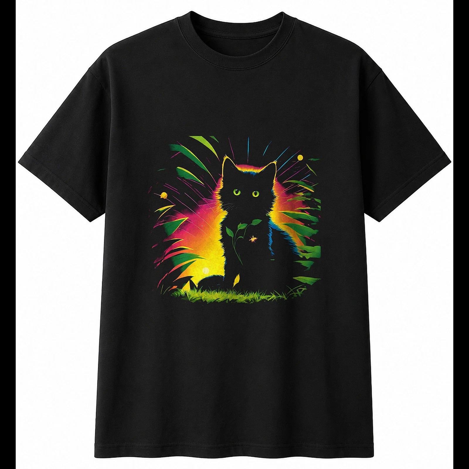 Botanical Kitten Neon Glow Cat Mens T-Shirt Black 100% Cotton Kawaii Printed