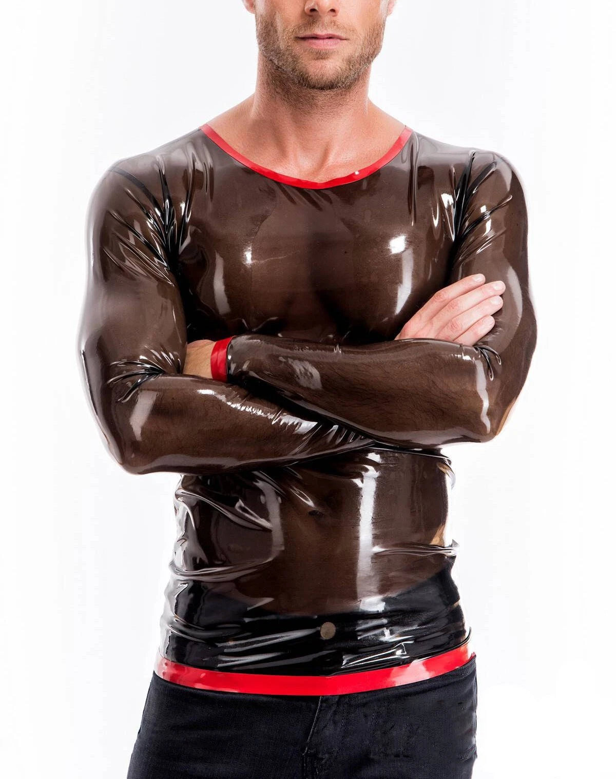 Transparent black latex tops men long sleeve with red trims no zip 0.4mm