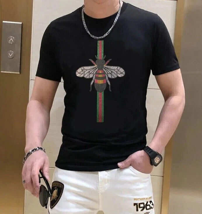 New Fashion Diamond Bee Rhinestone Short Sleeve Luxury Men T-Shirt Black White