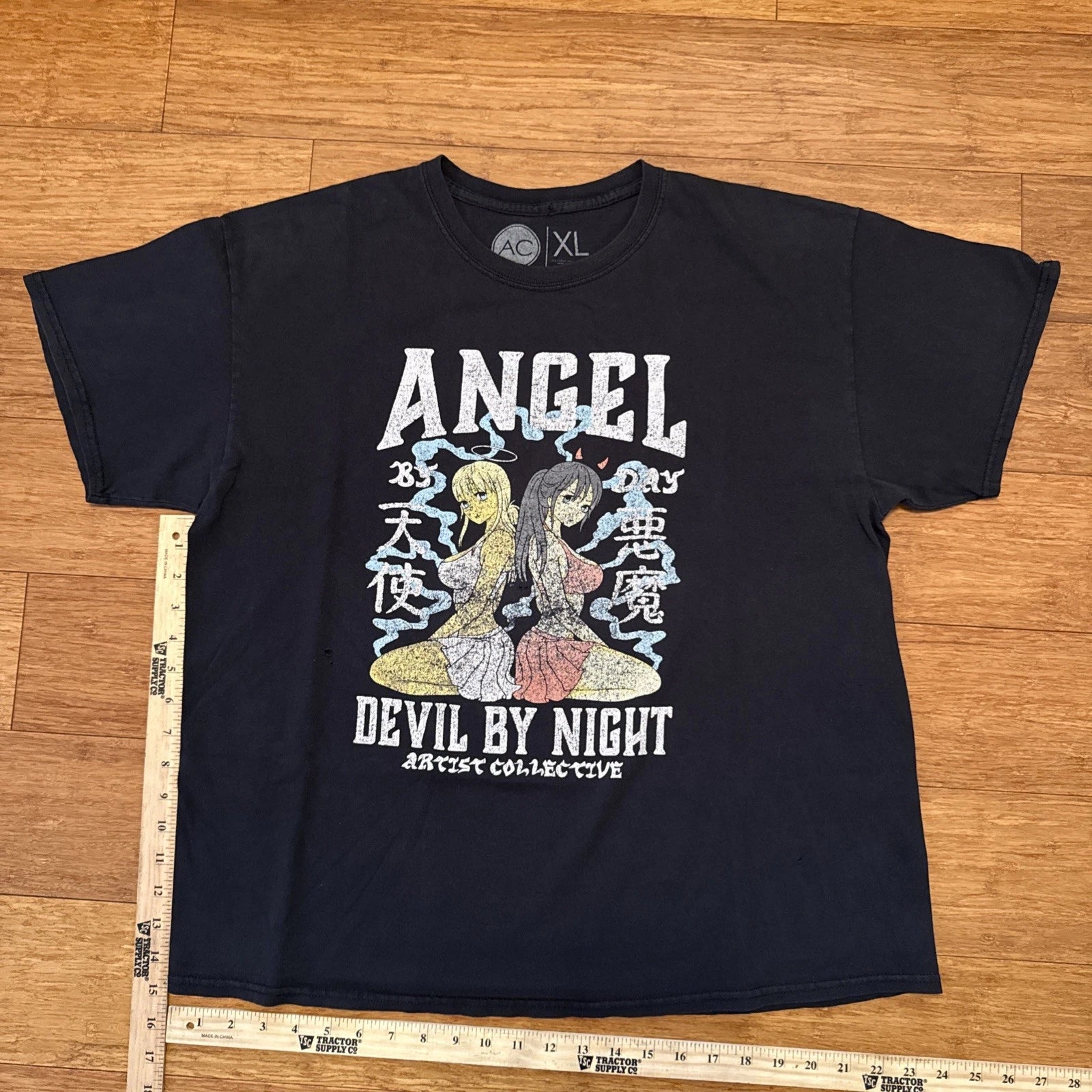 Artist Collective Angel & Devil Anime Graphic Tee Size XL Black Faded