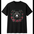 Botanical Bear Cub with Roses Cute Mens T-Shirt Black 100% Cotton Kawaii