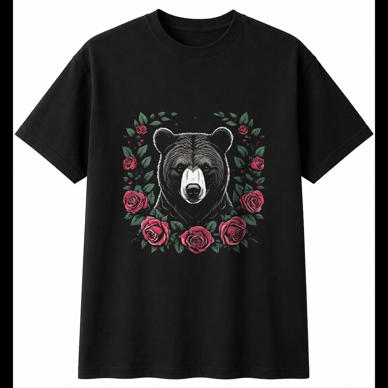 Botanical Bear Cub with Roses Cute Mens T-Shirt Black 100% Cotton Kawaii