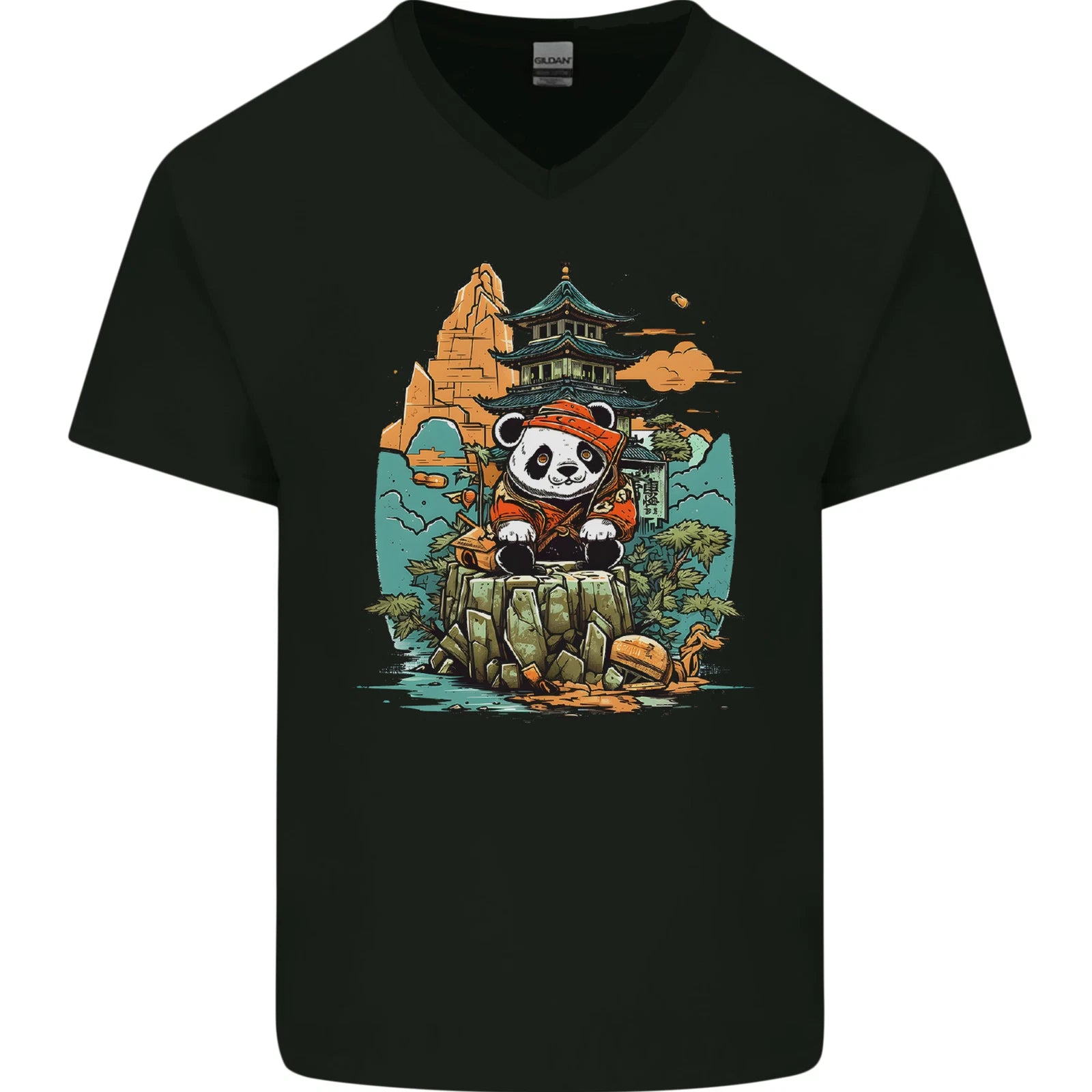 A Cute Panda Bear Mens V-Neck Cotton T-Shirt